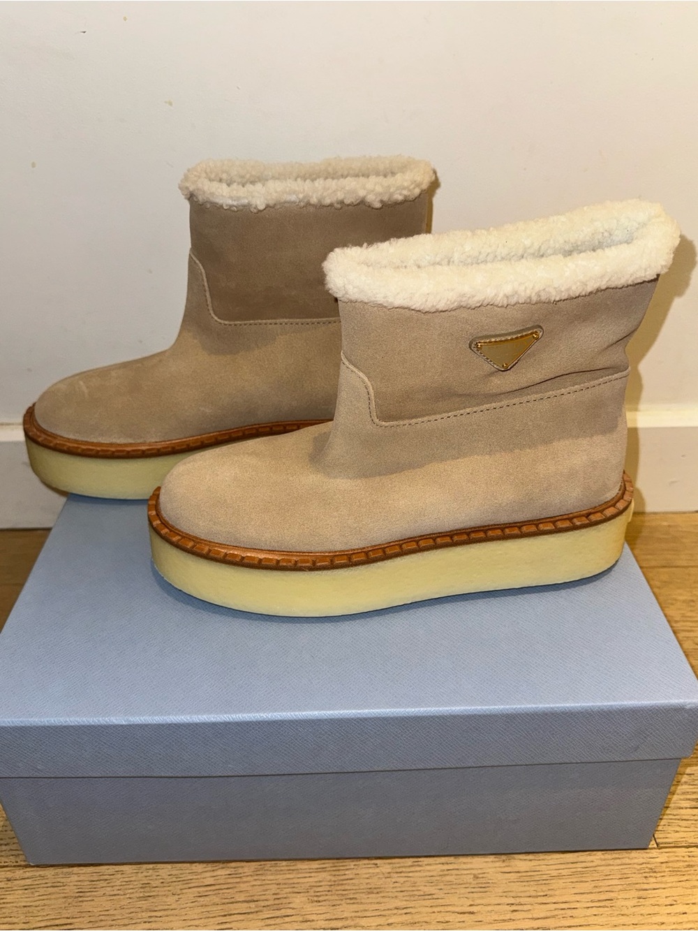 Prada evolve genuine shearling bootie 39